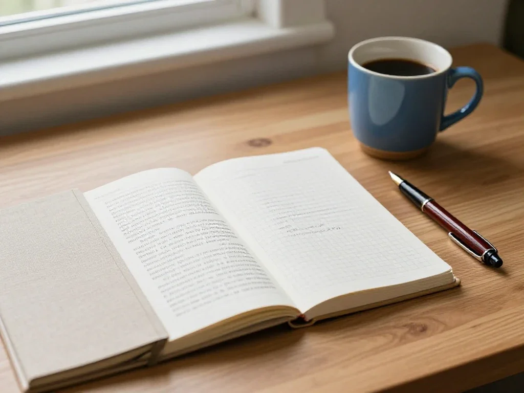Bureau de lecture baigné de lumière naturelle avec livres ouverts, carnet et café pour la réflexion.
