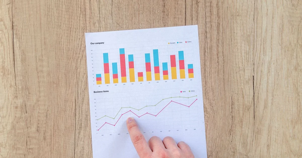 Une main pointe vers des graphiques et des tableaux d'affaires colorés sur une feuille de papier sur un bureau en bois.