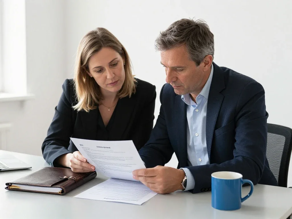 Deux collaborateurs examinent une candidature papier pour un recrutement dans un bureau lumineux.